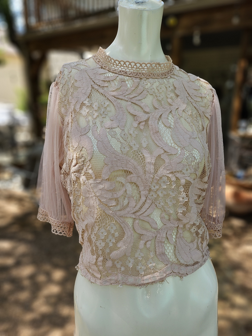 Peach Brand, Tan Lace Overlay Tulle Sheer Women's Blouse Puff Sleeve L